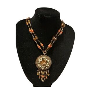 Necklace Copper Tone Beaded and Crystal Tribal Style Boho Necklace Tassels 16”+
